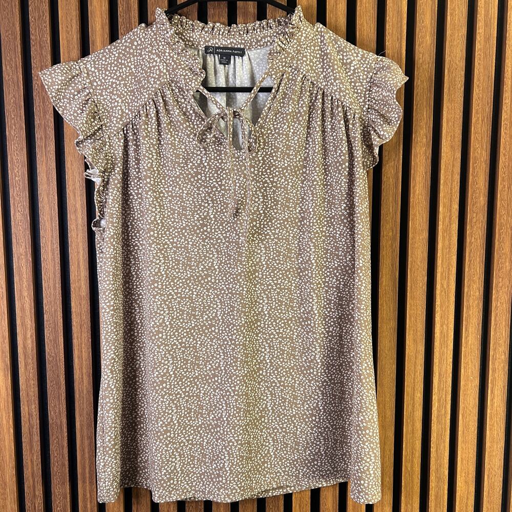 Adrianna Papell Brown Dot Cottage core Flutter Sleeve Tie Neck Blouse M